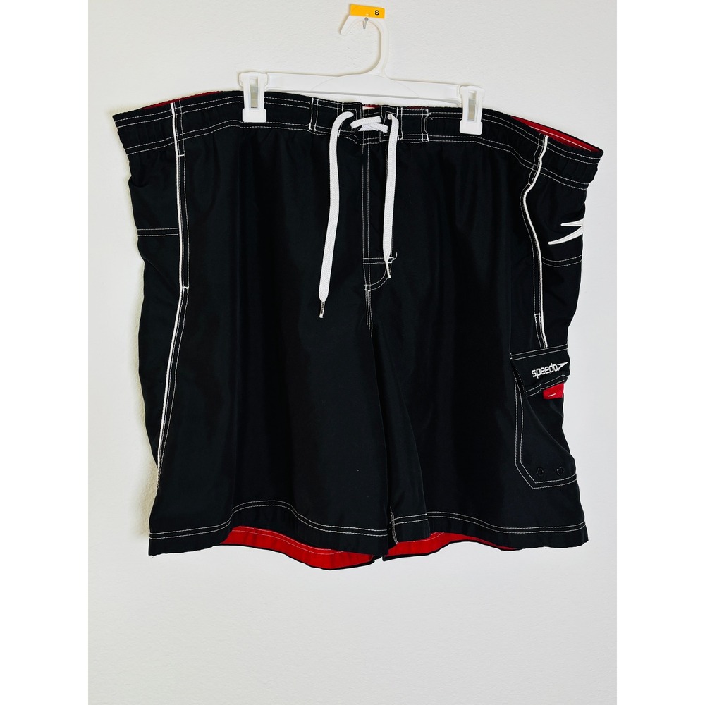 Speedo Mens Swim Trunks Black Red Board Shorts Cargo Pocket Mesh Lined Size 3XL